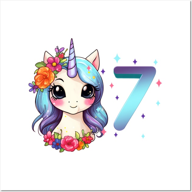 I am 7 with unicorn - girl birthday 7 years old Wall Art by Modern Medieval Design